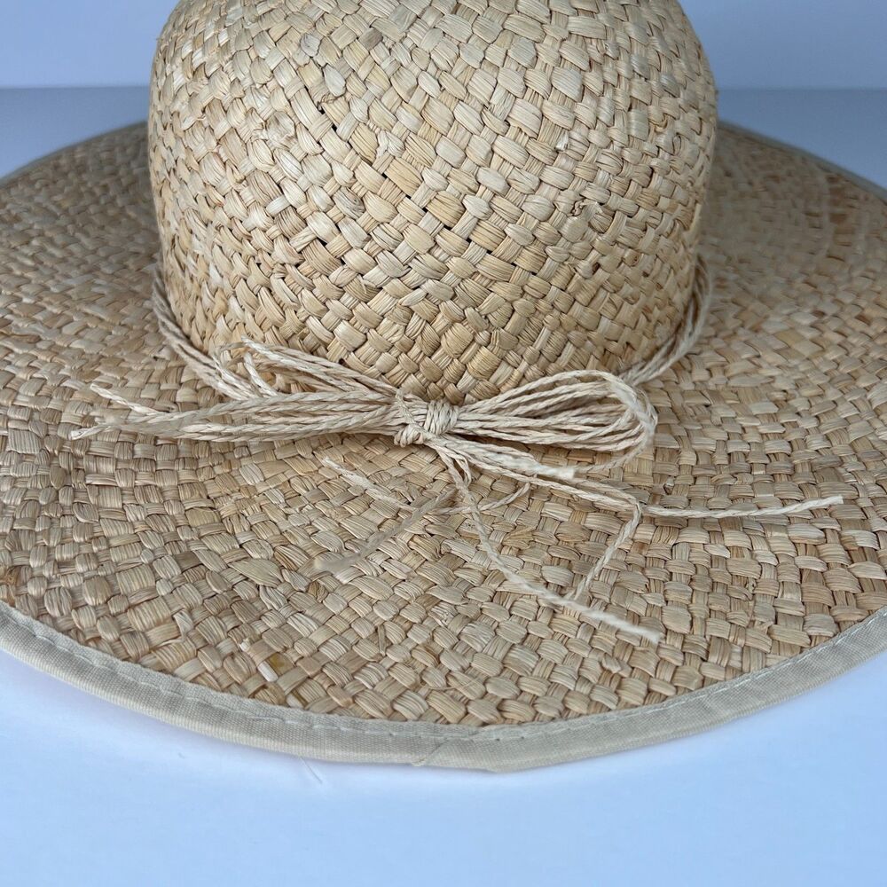 Natural Raffia Straw Sun Hat Wide Brim Bow Accent Beach Womens Cap Garden Sz 7 - Picture 5 of 11